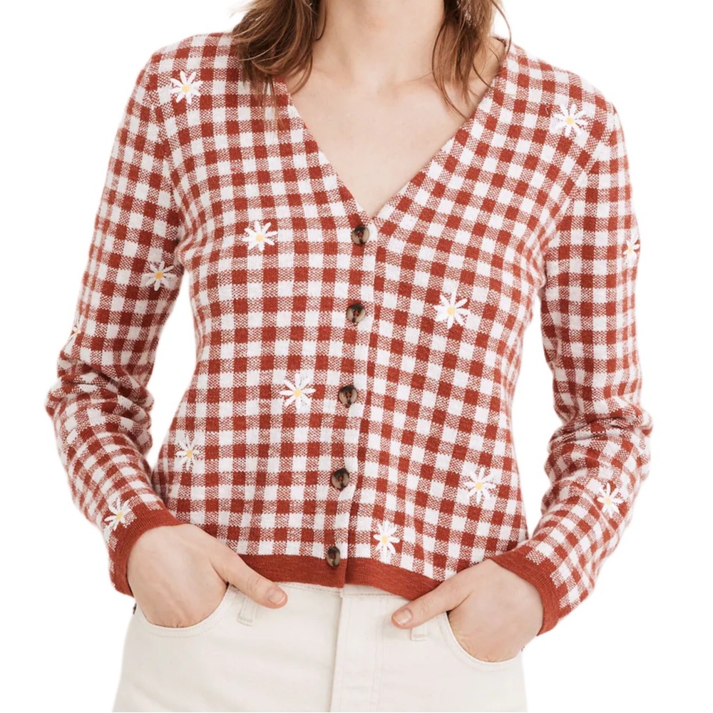 Madewell Daisy Embroidered Gingham Cardigan Sweater